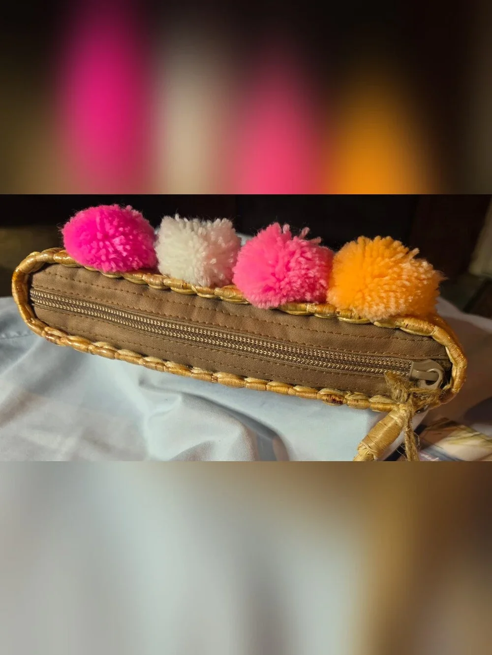 WRISTLET Sea & Grass Eva Pom-Pom Wristlet Clutch - Woven Seagrass NWT